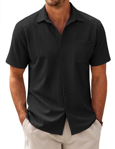 COOFANDY Herren Hemd Kurzarm Business Hemden mit Tasche Freizeihemd Casual Sommerhemd Fischgrätmuster Regular Fit Shirt Schwarz M von COOFANDY