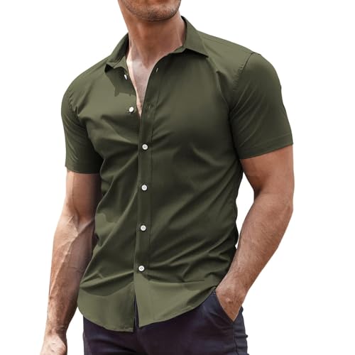 COOFANDY Herren Hemd Kurzarm Freizeithemden Businesshemden für Herren Sommerhemd Bügelfrei Kurzarmhemd Baumwolle Elastiscer Button Down Hemd Olivgrün M von COOFANDY