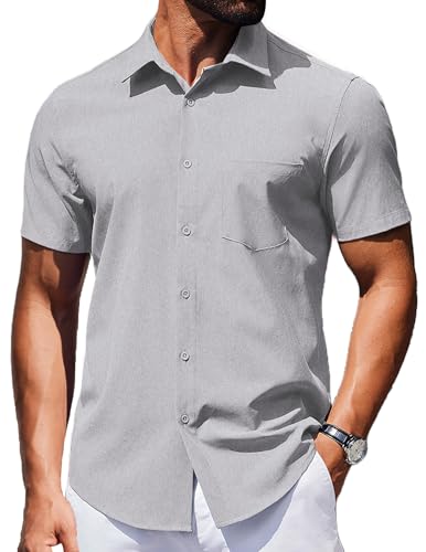 COOFANDY Herren Hemd Kurzarm Sommerhemd Casual Strandhemd mit Leinenstruktur Button Down Shirt Freizeithemd für Männer Grau XXL von COOFANDY