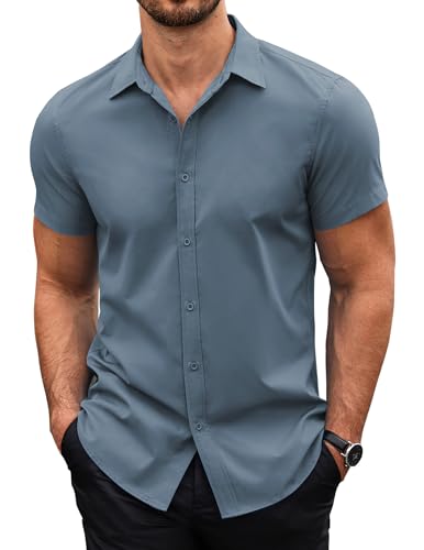 COOFANDY Herren Hemd Kurzarm Freizeithemden für Herren Kurzarmhemd Herren Business Sommer Hemd Casual Regular Fit Basic Shirt Herrenhemd Kurzarm Grau Blau M von COOFANDY