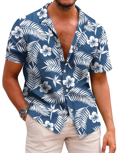 COOFANDY Herren Hemd Kurzarm Hawaii Hemd Baumwolle Sommer Strand Hemd Regular Fit Kurzarmhemd Hawaiihemd Kurzarm Freizeithemden Urlaub Shirt Kurzarm Hawaii Shirt C-Marinebl 3XL von COOFANDY