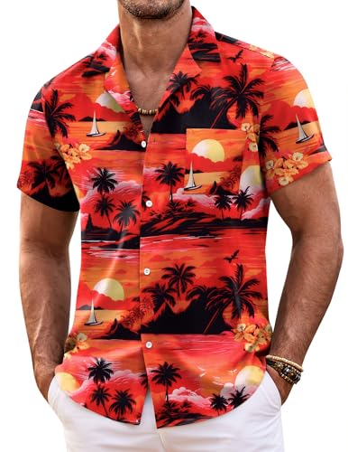 COOFANDY Herren Hemd Kurzarm Hawaii Hemd Sommerhemd Strand Herrenhemden Kurzarm Urlaubshemd Freizeit Kurzarmhemd Leichte Sommer Hemden Hawaiian Beach Blumenhemd Rot- Sonnenuntergang 3XL von COOFANDY