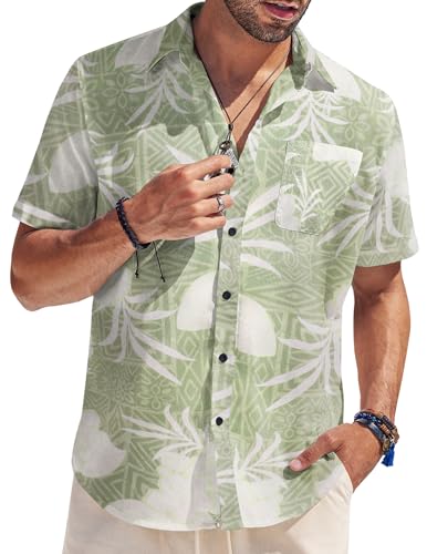 COOFANDY Herren Hemd Kurzarm Hawaii Hemden Sommerhemd Strand Hemd Freizeit Baumwolle Casual Hemd Urlaub Party Hemd Button Down Aloha Shirt Herren Grün & weiße Blume S von COOFANDY