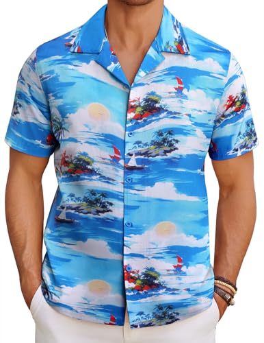 COOFANDY Hawaiihemd Herren Kurzarm Hawaii Hemd Männer Leichte Sommerhemd Strandhemd Button Down Hawaii Shirt Freizeithemd Sommer Kurzarmhemd Aloha Beach Hemd Meerblick L von COOFANDY