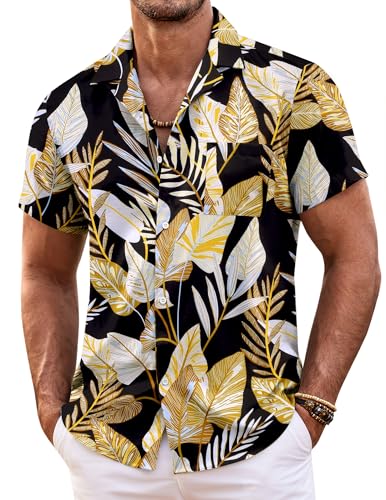 COOFANDY Herren Hemd Kurzarm Hawaiihemd Sommer Kurzarmhemd Vordertasche Freizeit Urlaubshemd Stylish Strandhemd Beilaufig Hawaii Hemden Männer Schwarz- Palmblatt XXL von COOFANDY