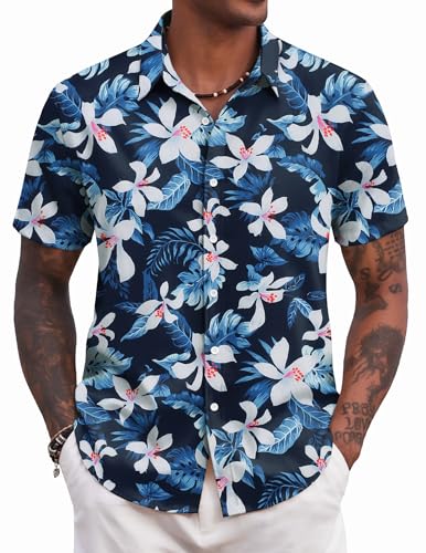 COOFANDY Hawaii Hemd Männer Kurzarm Sommerhemd Strandhemd Hawaiihemd Kurzarmhemd Urlaubshemd Blumen Hemd Relaxed Fit Freizeithemden Marineblau & Lilie L von COOFANDY