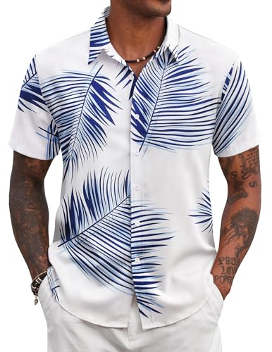 COOFANDY Hawaii Hemd Männer Kurzarm Sommerhemd Strandhemd Hawaiihemd Kurzarmhemd Urlaubshemd Blumen Hemd Relaxed Fit Freizeithemden Weiß & Blau XL von COOFANDY
