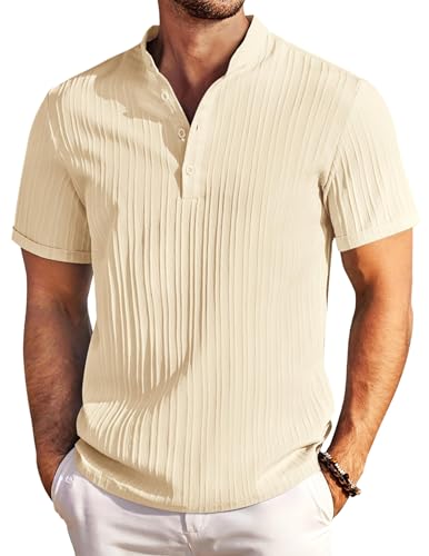 COOFANDY Henley Hemd Herren Kurzarm Sommerhemd mit Stehkragen Kurzarm Strand Textured Herrenhemd Beige 3XL von COOFANDY