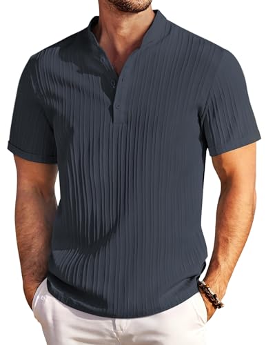 COOFANDY Henley Hemd Herren Kurzarm Sommerhemd mit Stehkragen Kurzarm Strand Textured Herrenhemd Marine Blau L von COOFANDY