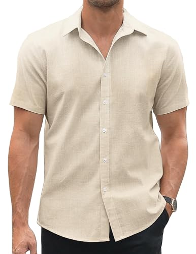 COOFANDY Herren Hemd Kurzarm Herren Sommer Freizeithemd Leinenhemd Baumwolle Party Strand Urlaub Hemd Businesshemd Casual Shirt Khaki XXL von COOFANDY