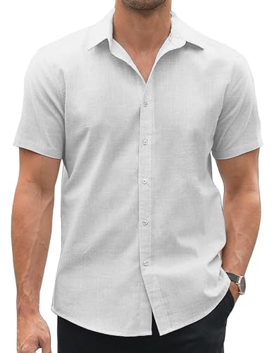 COOFANDY Herren Hemd Kurzarm Herren Sommer Freizeithemd Leinenhemd Baumwolle Party Strand Urlaub Hemd Businesshemd Casual Shirt Weiß M von COOFANDY