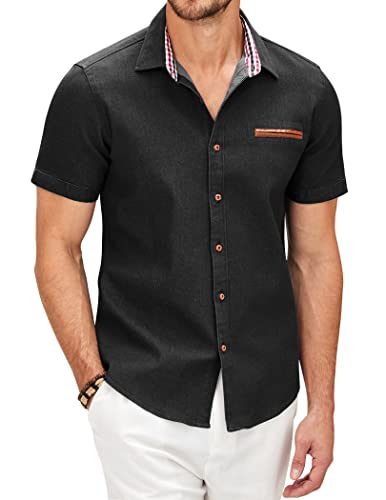 COOFANDY Hemd Herren Kurzarm Jeanshemd Sommer Leichtes Freizeithemd Jeans Hemden für Herren Kurzarmhemden Slim Fit T-Shirt Cowboy-Style Business Büro Hemd Männer Schwarz 3XL von COOFANDY
