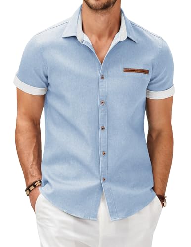 COOFANDY Herren Hemd Kurzarm Jeanshemd Sommerhemd Kurzarmhemd Kent-Kragen Denim Shirt Cowboy-Style Baumwollhemd Kurzarm Freizeithemd für Herren Hellblau XXL COOFANDY Herren Hemd Kurzarm Jeanshemd Sommerhemd Kurzarmhemd Kent-Kragen Denim Shirt Cowboy-Style Baumwollhemd Kurzarm Freizeithemd für Herren Hellblau XXL von COOFANDY