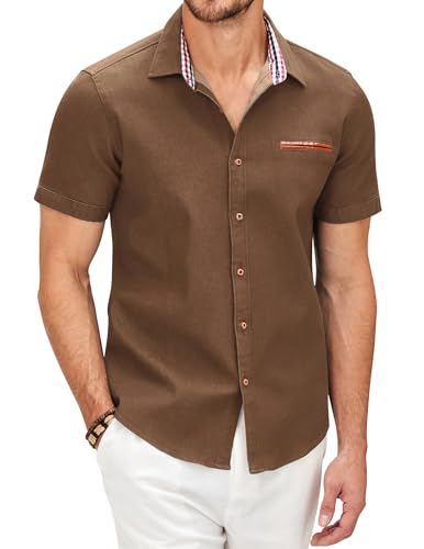 COOFANDY Hemd Herren Kurzarm Jeanshemd Sommer Leichtes Freizeithemd Jeans Hemden für Herren Kurzarmhemden Slim Fit T-Shirt Cowboy-Style Business Büro Hemd Männer Braun L von COOFANDY