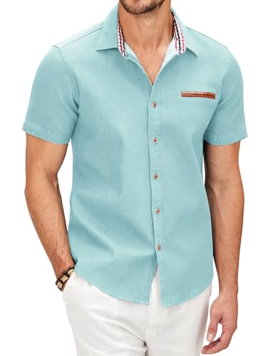 COOFANDY Hemd Herren Kurzarm Jeanshemd Sommer Leichtes Freizeithemd Jeans Hemden für Herren Kurzarmhemden Slim Fit T-Shirt Cowboy-Style Business Büro Hemd Männer Himmelblau L von COOFANDY