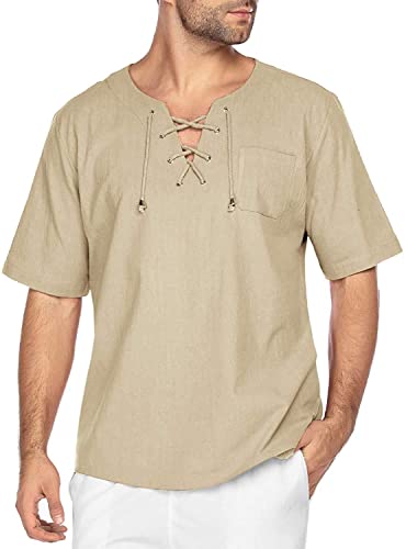 COOFANDY Herren Hemd Kurzarm Leinenhemd Sommer T-Shirt Kurzarmhemd Freizeit Men´s Shirt Regular Fit Kragenloses Shirt Bequem Atmungsaktives 70-Khaki S von COOFANDY