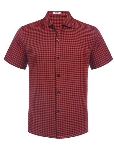 COOFANDY Karierte Hemden Herren Sommerhemd Herrenhemd Kurzarm Trachtenhemd Kurzarmhemd Freizeithemd Karohemd Holzfällerhemd Flanellhemd Rot & Schwarz L von COOFANDY