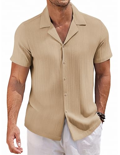 COOFANDY Hemd Herren Kurzarm Sommer Freizeithemd Kuban Kragen Männer Kurzarmhemd Gestreiftes Haiwaiihemd Guayabera Shirt Leichter Kaffee L von COOFANDY