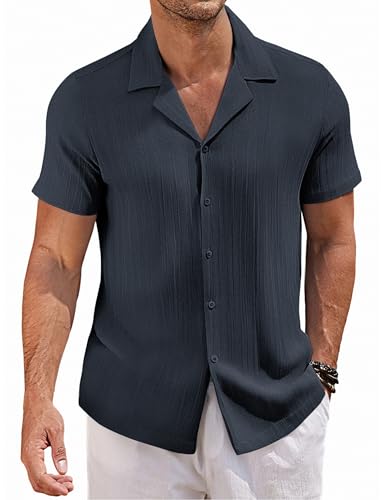 COOFANDY Herren Hemd Kurzarm Kubanisches Sommerhemd Falten Männer Hemden Textured Shirt Hawaiihemd Beach Shirts Freizeithemd Casual Blau Violett L von COOFANDY