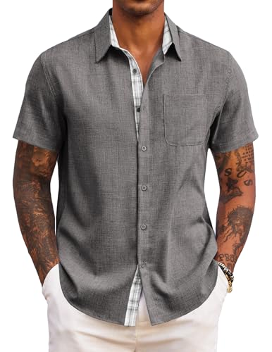 COOFANDY Herren Hemd Kurzarm Kurzarmhemd Sommerhemd Leicht Freizeithemd Strand Herrenhemd Dunkelgrau 5XL von COOFANDY