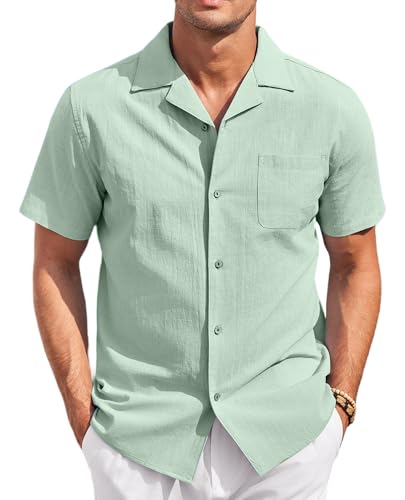COOFANDY Herren Hemd Kurzarm Leichtes Sommerhemd Einfarbig Leinenhemd Casual Button down Strand Leinen Shirt Schwarz Hellgrün S von COOFANDY