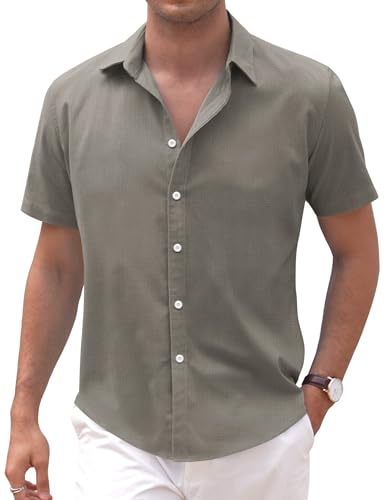 COOFANDY Herren Hemd Kurzarm Leinenhemd Business Freizeithemd Casual Hemd Strand Herrenhemden Kurzarm Regular Fit Shirt Sommer Hemd Vacation Camp Grau 3XL von COOFANDY