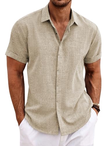 COOFANDY Herren Hemd Kurzarm Leinenhemd Freizeit Regular fit Sommerhemd Khaki 5XL von COOFANDY
