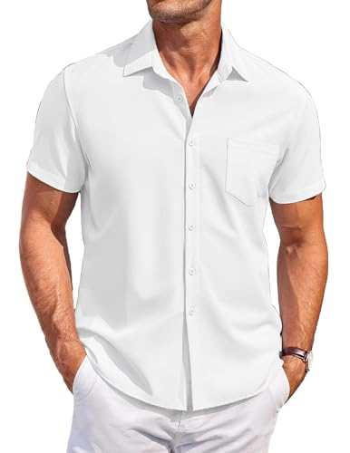 COOFANDY Herren Hemd Kurzarm Leinenhemd Freizeithemd Business Hemd Sommer Strand Hemd Regular Fit Men Casual Shirt Button Down Hemd Weiß XXL von COOFANDY