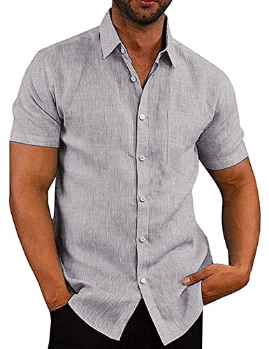 COOFANDY Herren Hemd Kurzarm Leinenhemd Leicht Sommerhemd Freizeithemd Kurzarmhemd Strandhemd Urlaub Casual Leinen Shirt Button Down Hellgraue Flecken M von COOFANDY