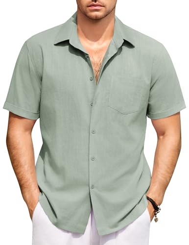 COOFANDY Herren Hemd Kurzarm Leinenhemd Leichtes Sommerhemd Regular Fit Kurzarmhemd Button Down Strand Hemd Baumwoll Businesshemd mit Brusttasche Leinen Shirts Hellgrün XXL von COOFANDY
