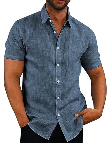 COOFANDY Herren Hemd Kurzarm Leinenhemd Sommer Einfarbig Basic Freizeithemd Slim fit Hemden Leinen Shirts Baumwolle Urlaub Grau Blau XL von COOFANDY