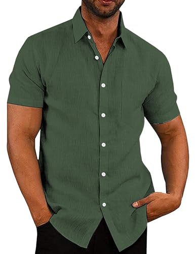 COOFANDY Herren Hemd Kurzarm Leinenhemd Sommerhemd Freizeithemd Strandhemd Kurzarmhemd Urlaubshemd Sommer Hemd Button Down Leinenshirt Einfarbig Armeegrün M von COOFANDY
