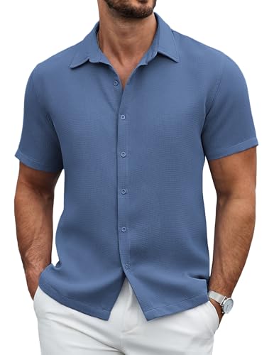COOFANDY Herren Hemd Kurzarm Regular Fit Freizeithemd Waffel Sommerhemd Textured Business Hemden Einfarbig Shirt Marineblau XXL von COOFANDY