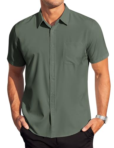 COOFANDY Herren Hemd Kurzarm Regular Fit Freizeithemd mit Tasche Business Hemden Einfarbig Casual Sommer Hemd Dunkelgrün XL von COOFANDY