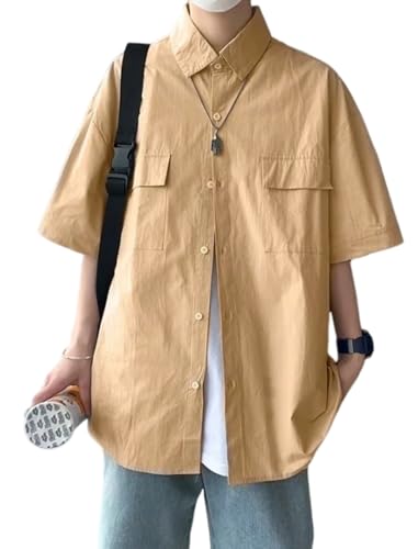 COOFANDY Herren Hemd Kurzarm Regular Fit Kurzarmhemd Männer Casual Shirts Button Up Freizeithemd mit Tasche Khaki XL von COOFANDY