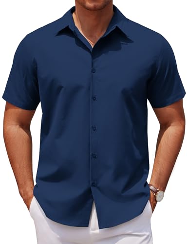 COOFANDY Herren Hemd Kurzarm Regular Fit Sommerhemd Kurzarmhemd Bügelleichte Business Hemd Männer Freizeithemd Modern Basic Shirts Marine Blau L von COOFANDY