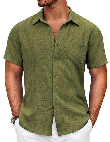 COOFANDY Herren Hemd Kurzarm Regular Fit Sommerhemd Leicht Strandhemd Freizeit Leinenhemd Mit Brusttaschen Armeegrün S von COOFANDY