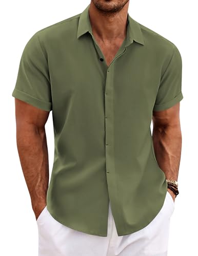 COOFANDY Herren Hemd Kurzarm Sommer Einfarbig Freizeithemd Bügelfrei Hemden Button down Leinenhemd Armeegrün 4XL von COOFANDY