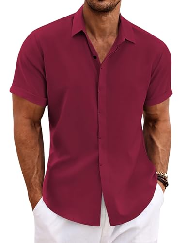 COOFANDY Herren Hemd Kurzarm Sommer Einfarbig Freizeithemd Bügelfrei Hemden Button down Leinenhemd Weinrot XXL von COOFANDY