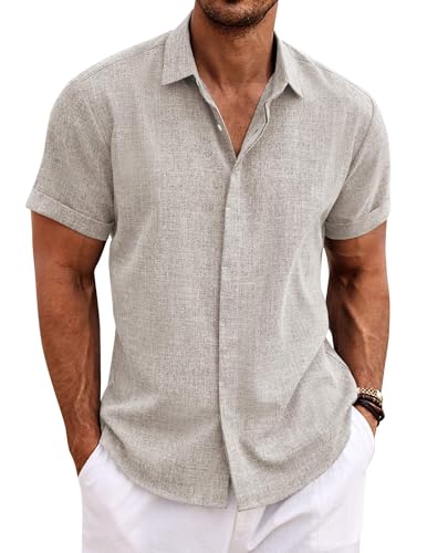 COOFANDY Herren Hemd Kurzarm Sommer Einfarbig Freizeithemd Button down Leinen Shirt Champagnerfarbe XXL von COOFANDY