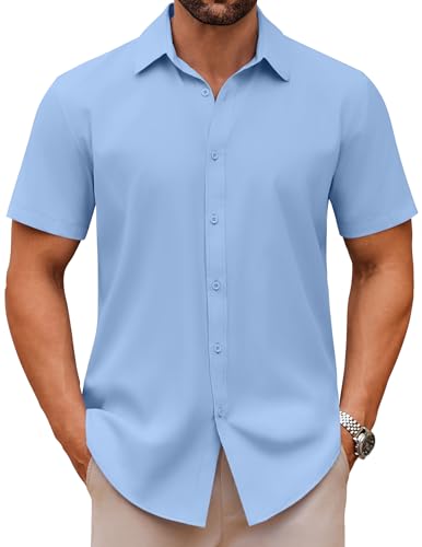 COOFANDY Herren Hemd Kurzarm Sommer Freizeit Business Hemd Button Down Kurzarmhemd Arbeitshemd Atmungsaktive Shirts Ölbeständig Hellblau XXL von COOFANDY