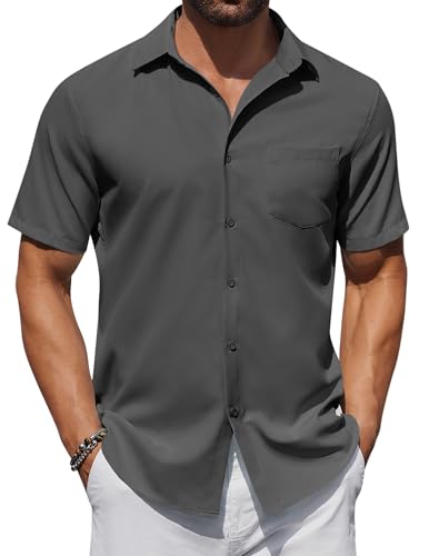 COOFANDY Herren Hemd Kurzarm Sommer Freizeithemd Business Hemden Strandhemd Männer Kurzes mit Tasche Dunkelgrau XXL von COOFANDY