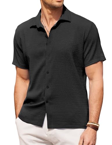 COOFANDY Herren Hemd Kurzarm Sommer Hemd Strand Kurzarmhemd Casual Freizeithemden Botton Down Hemd Regular Fit Leichtes Sommerhemd Urlaub Shirt Sommer Schwarz L von COOFANDY