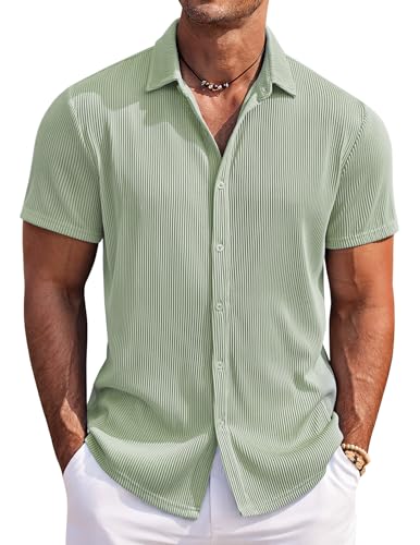 COOFANDY Herren Hemd Kurzarm Sommer Herrenhemd Bügelfrei Modische Outdoor Freizeithemden Oberhemd Strandhemd Hellgrün L von COOFANDY