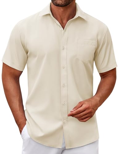 COOFANDY Herren Hemd Kurzarm Sommer Herrenhemd Freizeit Kurzarmhemd Button Down Businesshemd Kurzarm Shirt Regular Fit Beige XL von COOFANDY