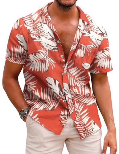 COOFANDY Herren Hemd Kurzarm Sommer Kurzarmhemd Hawaii Hemd Strand Hemd Regular Fit Freizeithemden Faltenfrei Hawaii Shirt Party Hemd Reise Shirts A-Rot 3XL von COOFANDY