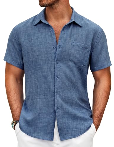 COOFANDY Herren Hemd Kurzarm Sommer Leicht Hemden Regular Fit Strand Freizeit Sommerhemd mit Taschen Navy Blue L von COOFANDY