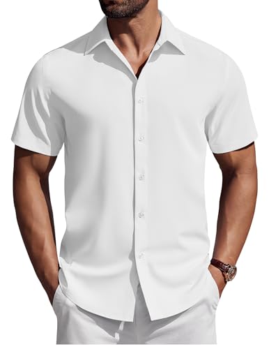 COOFANDY Herren Hemd Kurzarm Sommerhemd Einfarbig Freizeithemd Business Casual Hemd Regular Fit Urlaubshemd Herrenhemd Kurzarmhemd Weiß S von COOFANDY