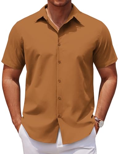 COOFANDY Kurzarmhemd Herren Leichts Sommerhemd Business Hemd Freizeithemd Button Down Formales Hemd Arbeitshemden Männer Hochzeitshemd Hell Braun XXL von COOFANDY