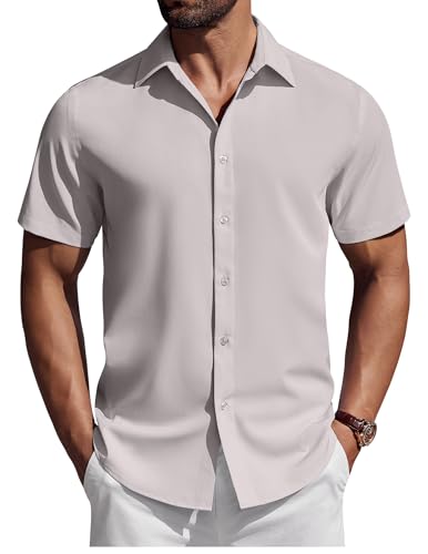 COOFANDY Herren Hemd Kurzarm Sommer Freizeithemd Button Down Herrenhemd Kurzarmhemd Businesshemd Regular Fit Anzug Hemd Urlaubshemd Hellgrau 3XL von COOFANDY